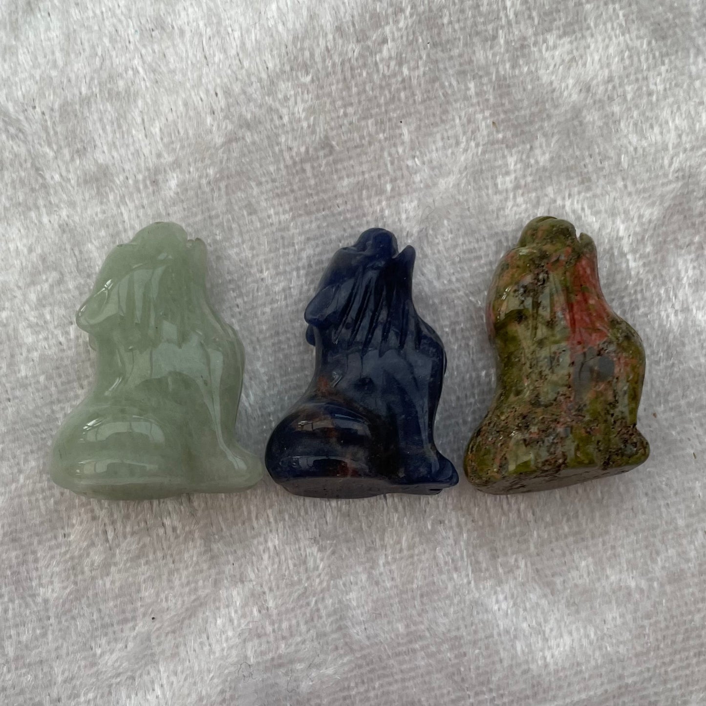 Mini Unakite, Green Aventurine and Sodalite Wolf Carvings