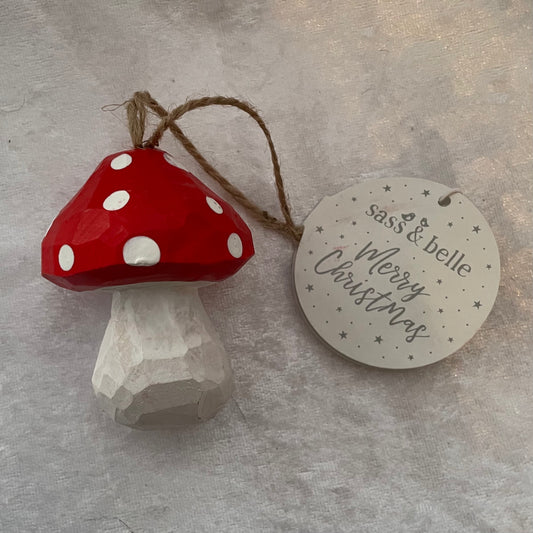 Red and White Hanging Wooden Mushroom Ornament
