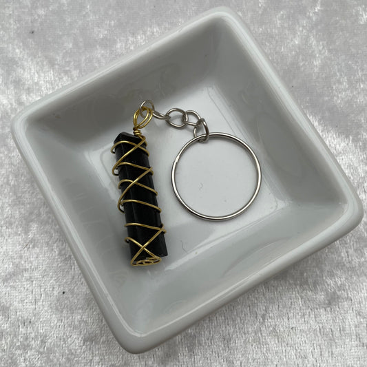Gold Wire Wrapped Black Agate Point Keyring