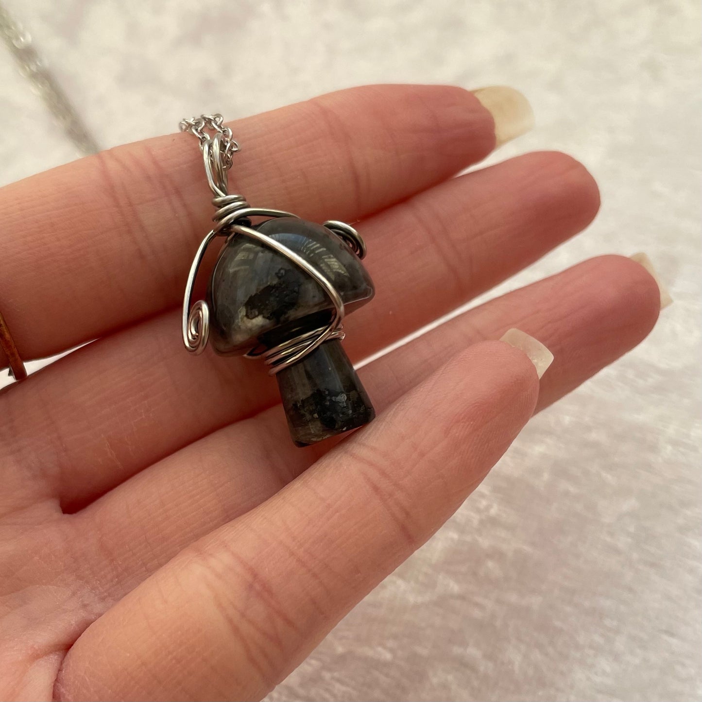 Larvikite Wire Wrapped Mushroom Necklace