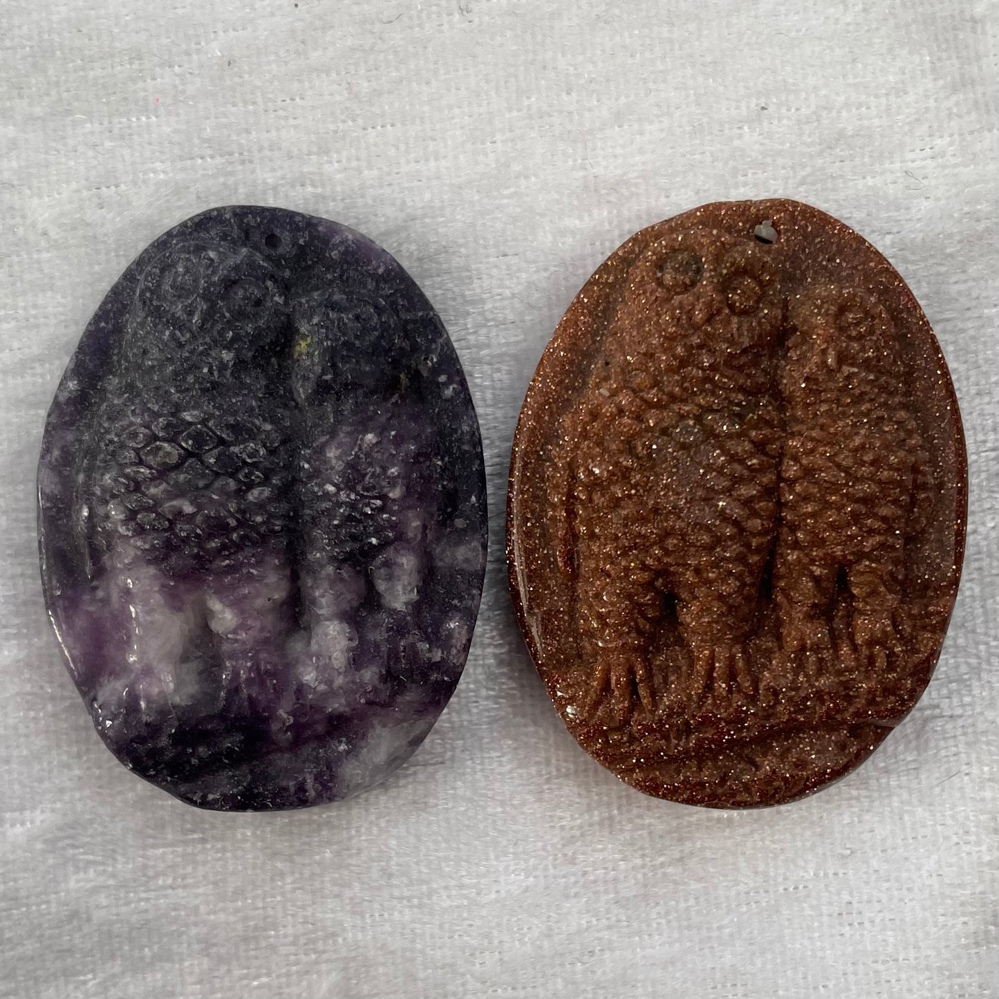 Lepidolite and Goldstone Owl Carvings