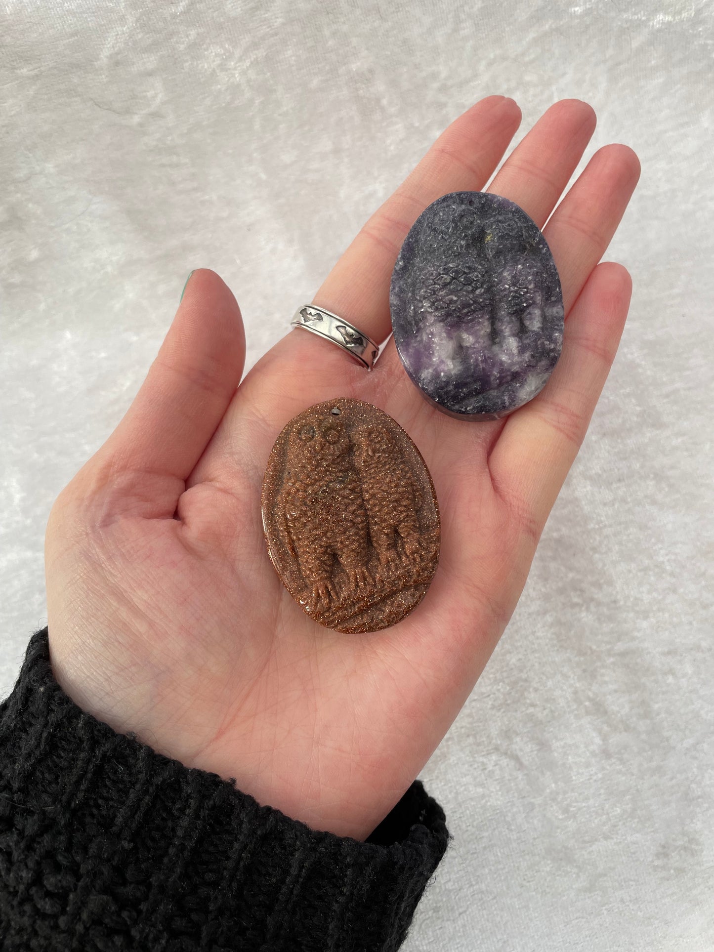 Lepidolite and Goldstone Owl Carvings