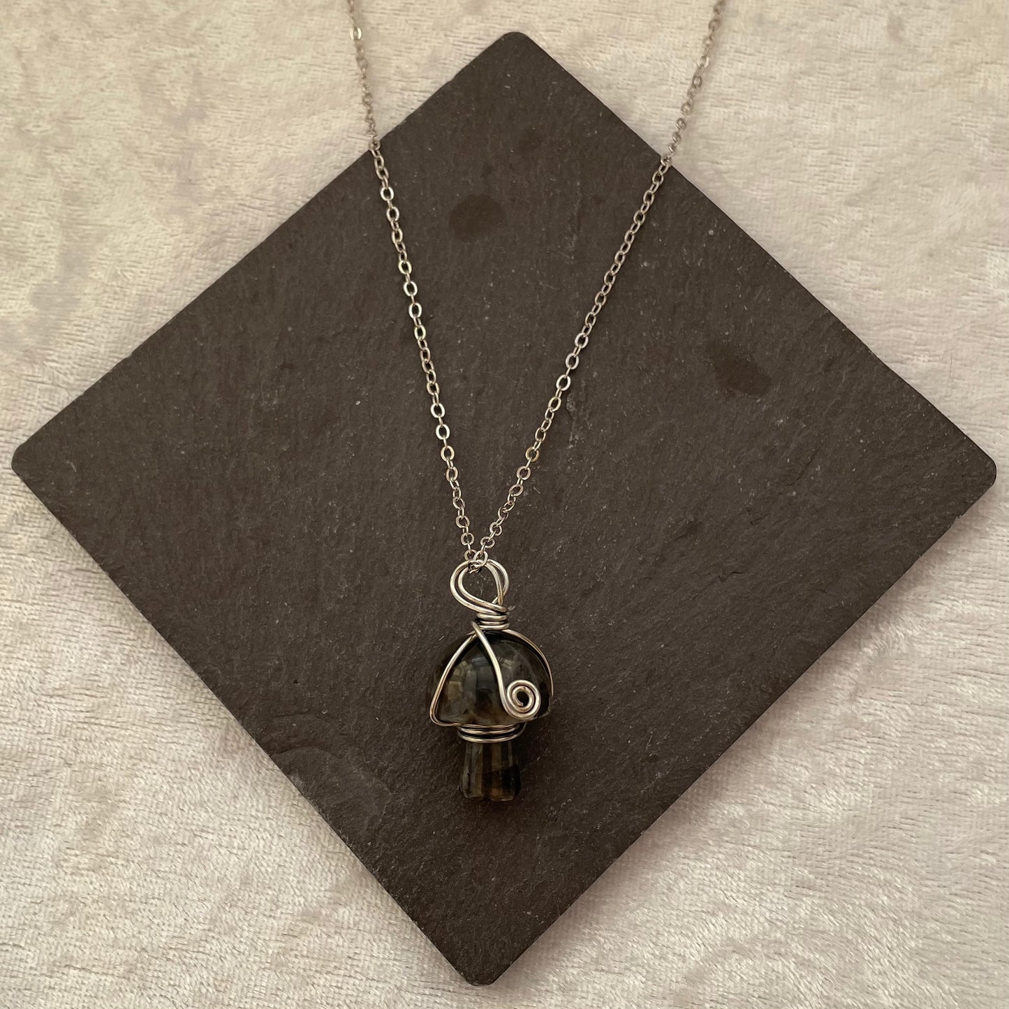 Larvikite Wire Wrapped Mushroom Necklace