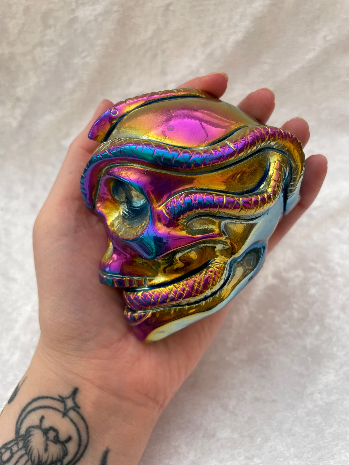 Titanium Aura Obsidian Skull with Snakes