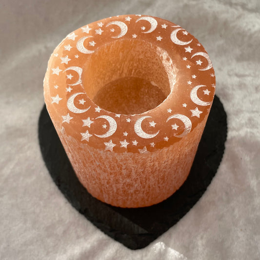 Orange Selenite moon and stars tealight candle holder