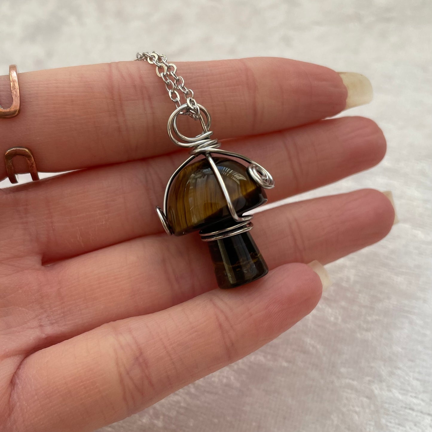 Tigers Eye Wire Wrapped Mushroom Necklace