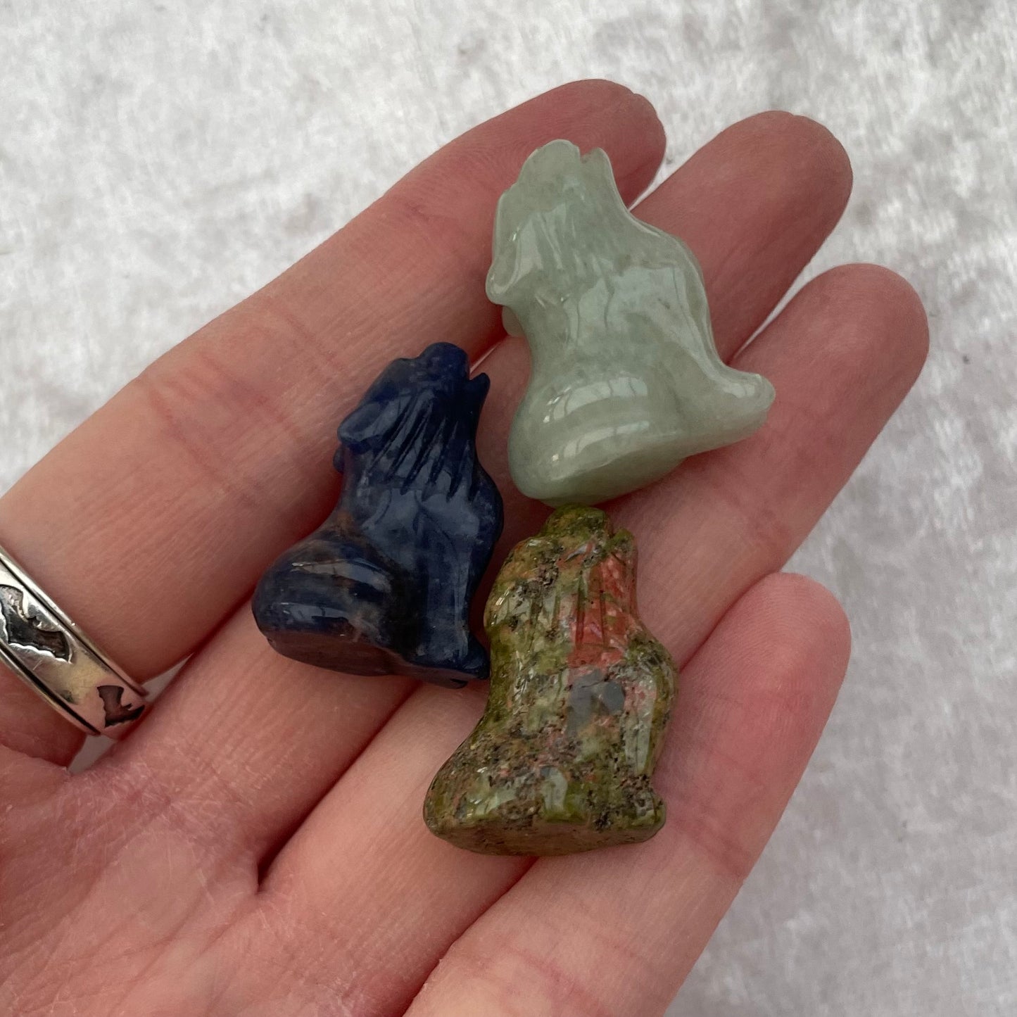 Mini Unakite, Green Aventurine and Sodalite Wolf Carvings