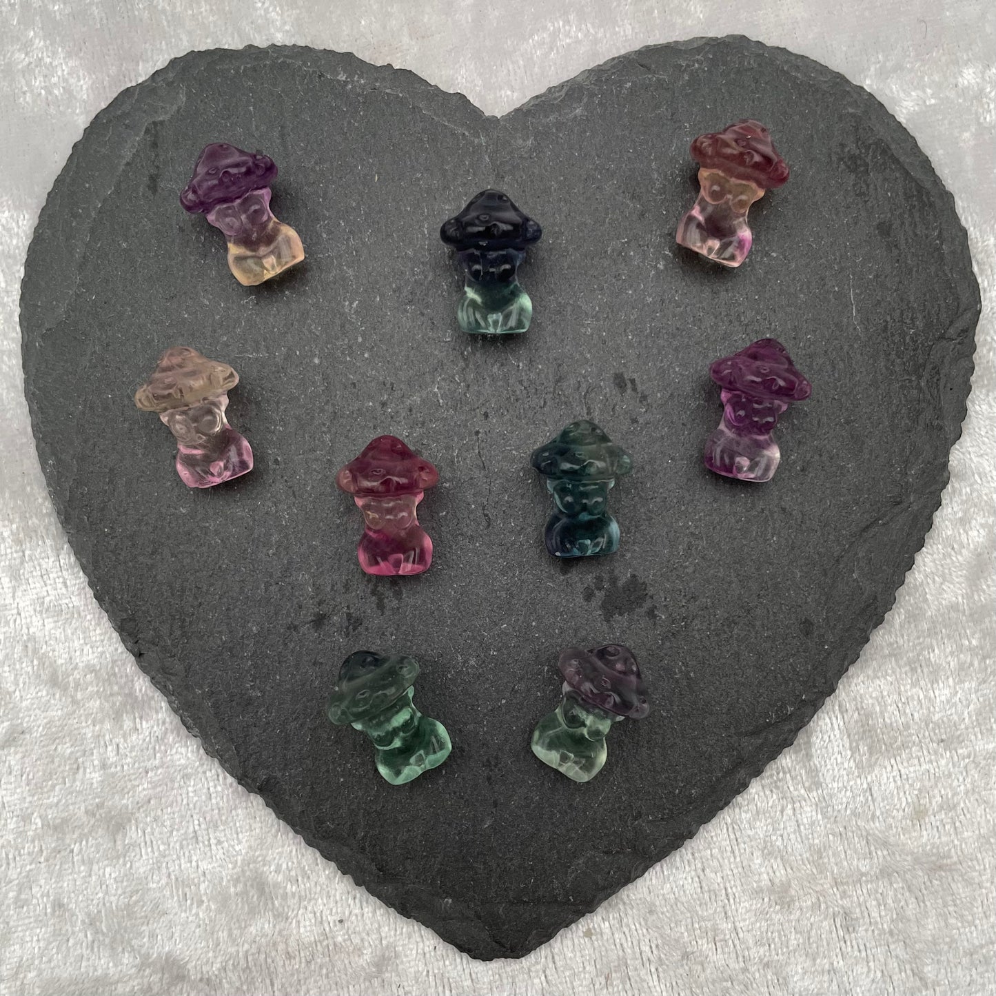 Mini Rainbow Fluorite Torsos With Mushroom Heads