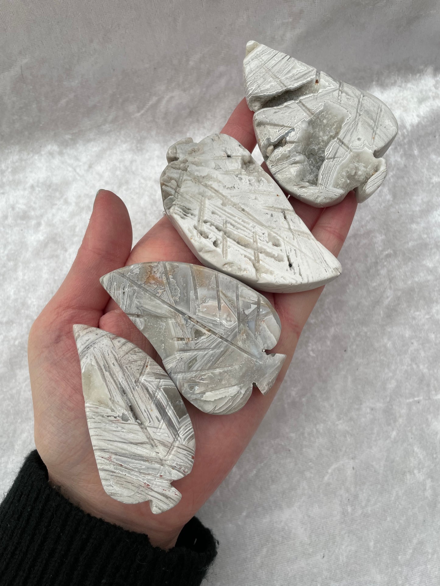 White Crazy Lace Agate Leaf Carvings