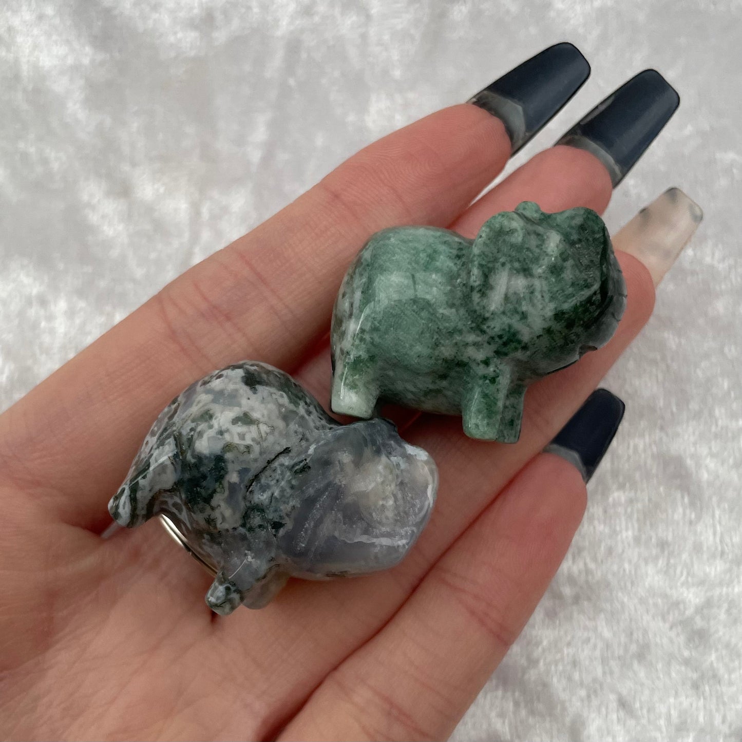 Moss Agate Elephant Carvings