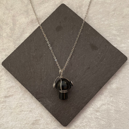 Black Obsidian Wire Wrapped Mushroom Necklace