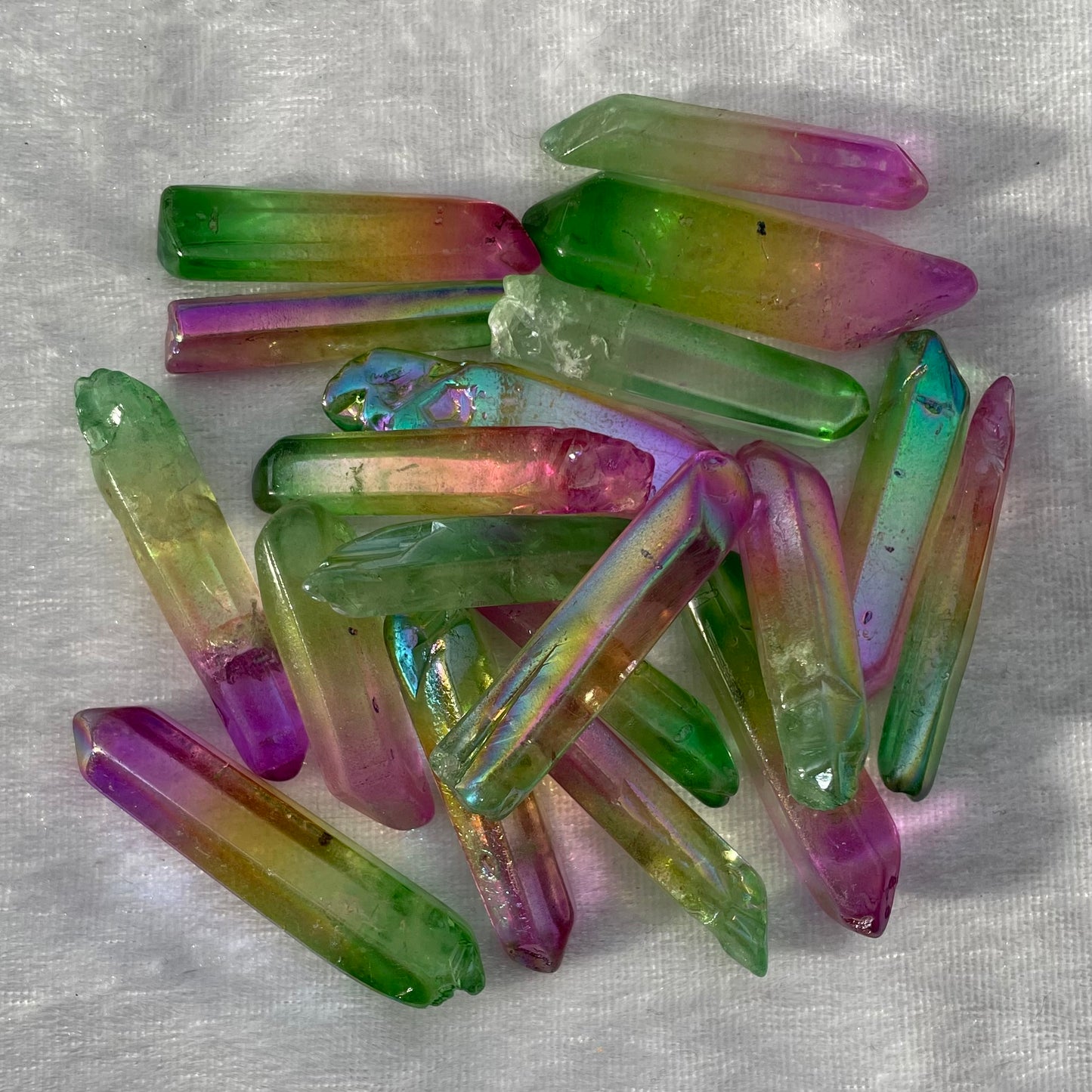 Green, Yellow and Pink Aura Quartz Points