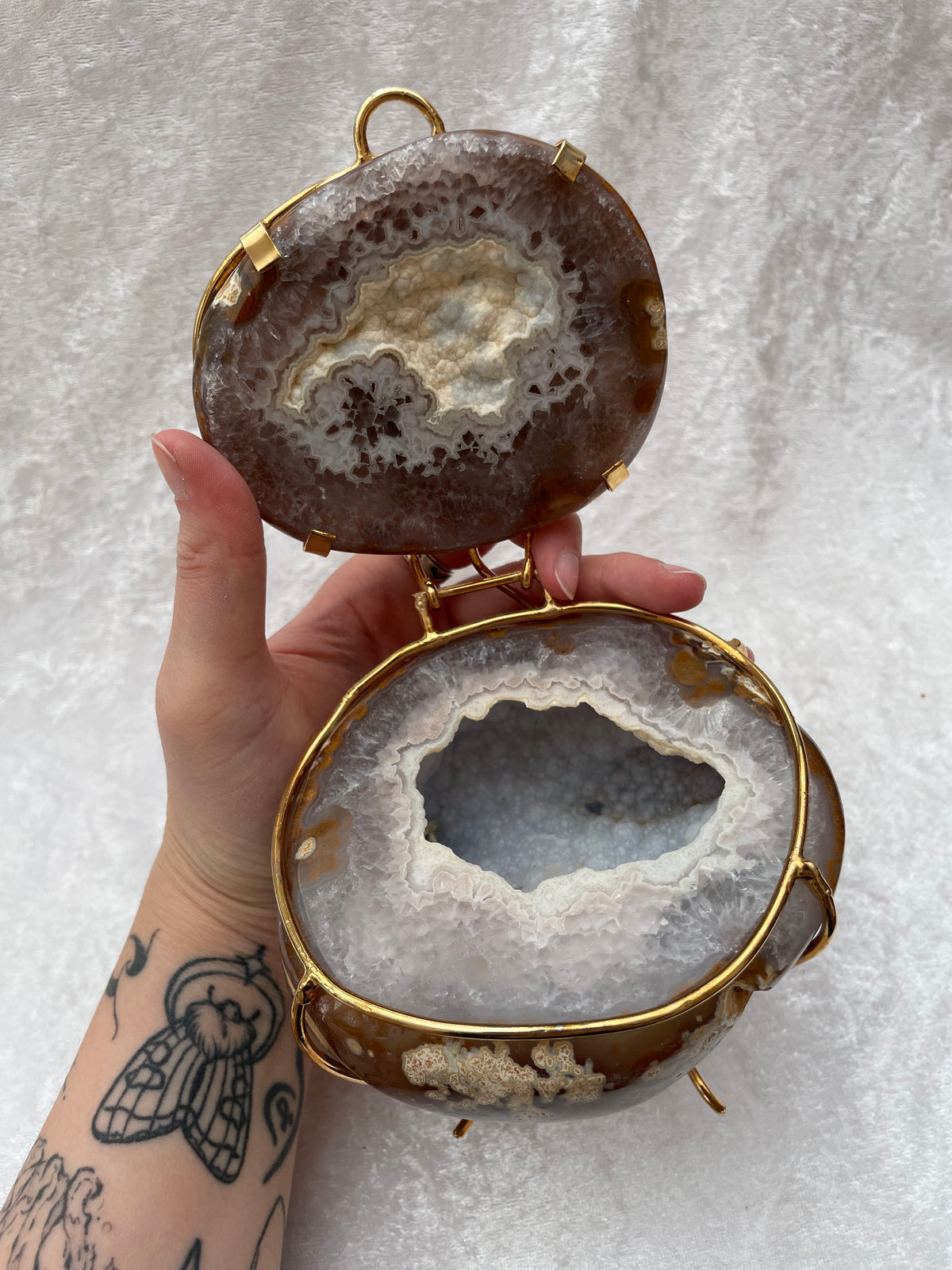 Natural Druzy Agate Hinged Geode Ring Box on Gold Display Stand