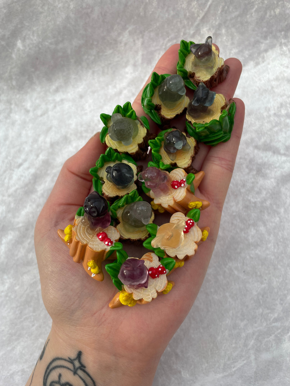 Mini Rainbow Fluorite Animals on Resin Tree Stump