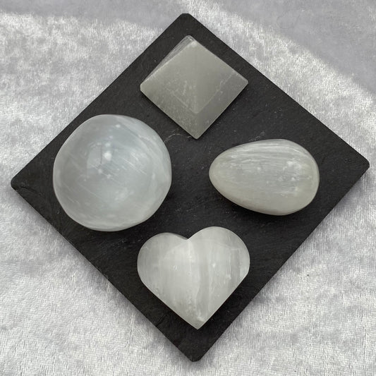 Selenite spheres, eggs, pyramids and hearts