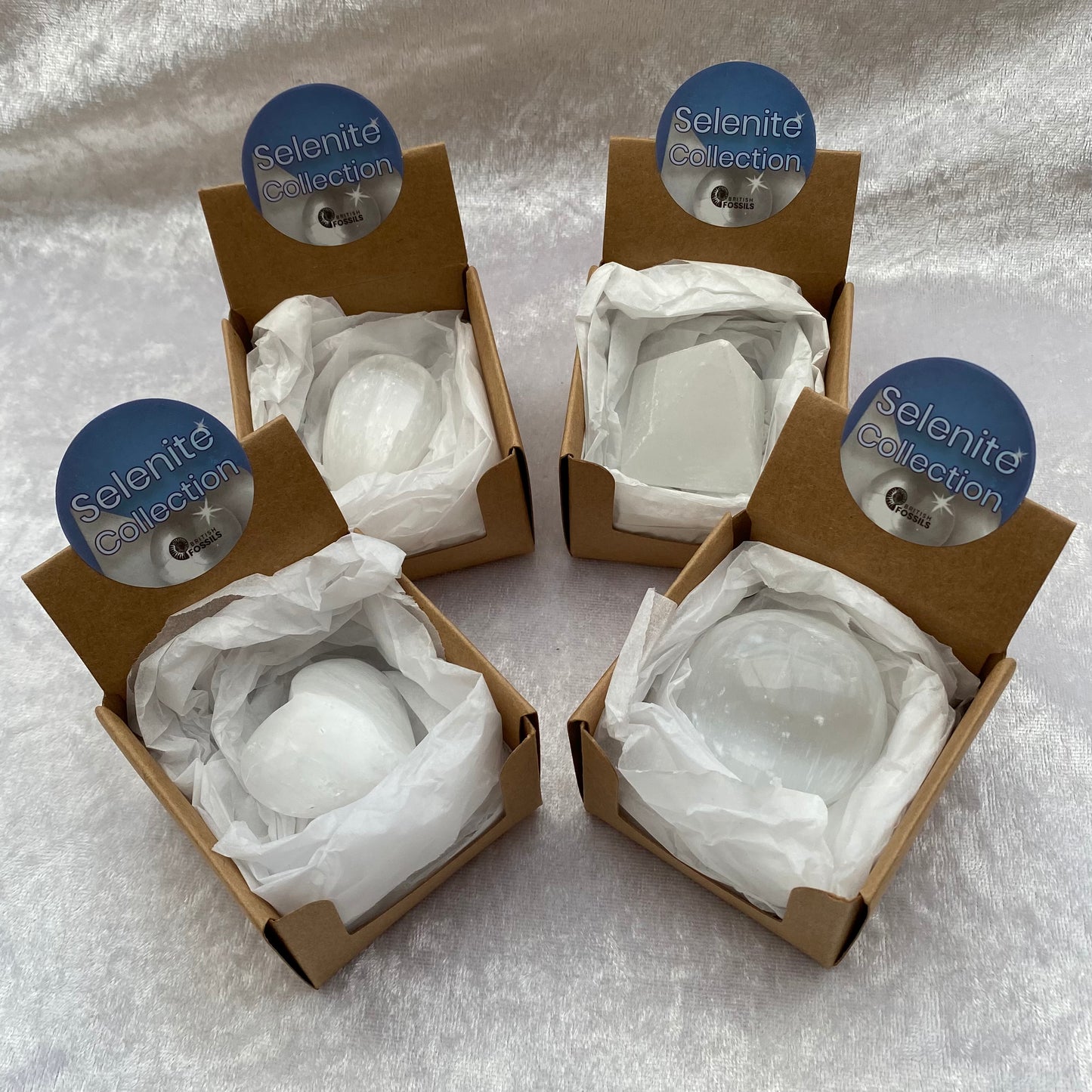 Selenite spheres, eggs, pyramids and hearts