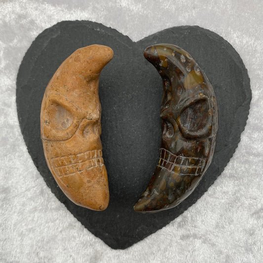 Dendritic Jasper and Bamboo Jasper Moons With Skull Faces