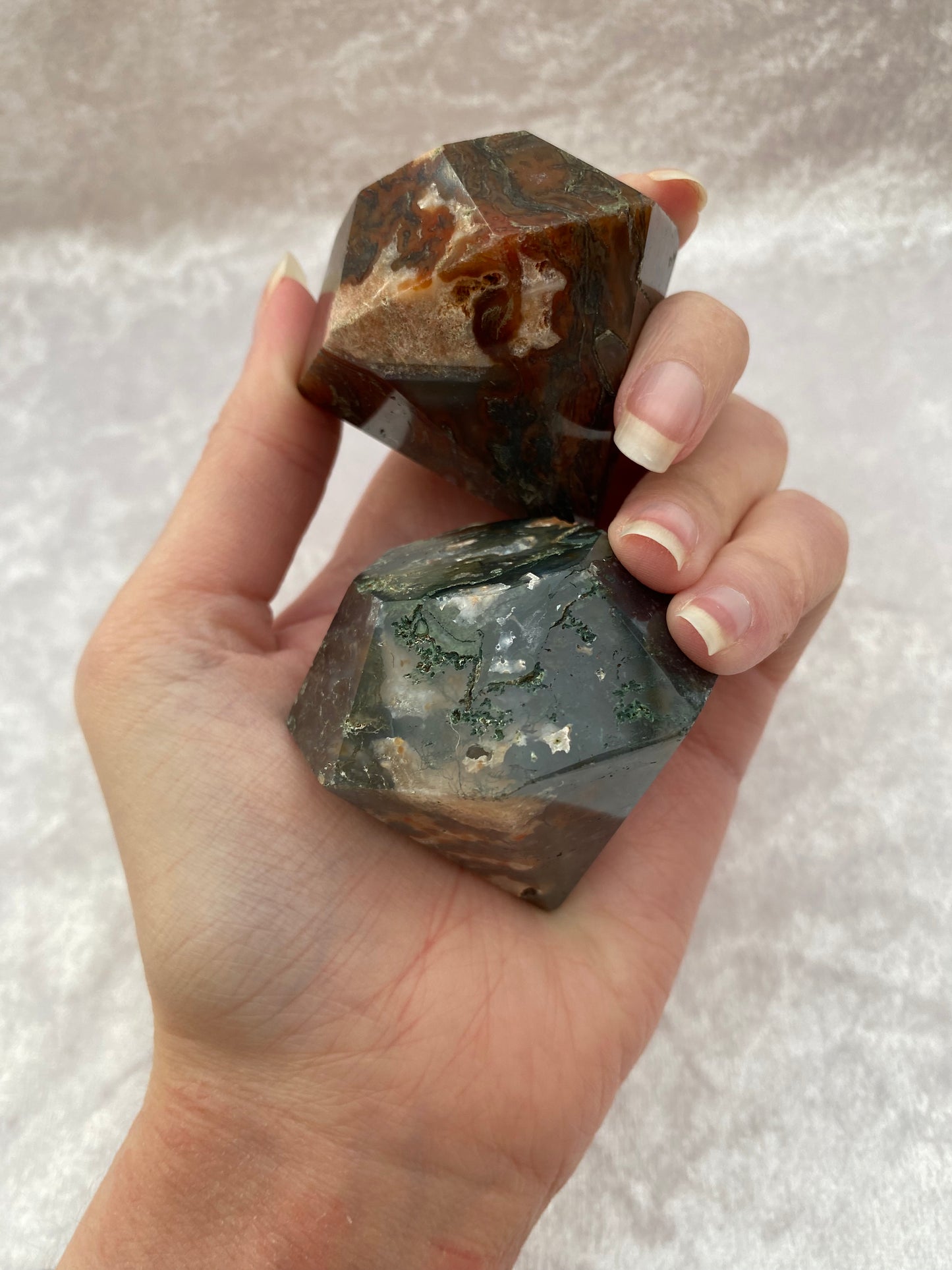 Red Moss Agate and Moss Agate diamond carvings