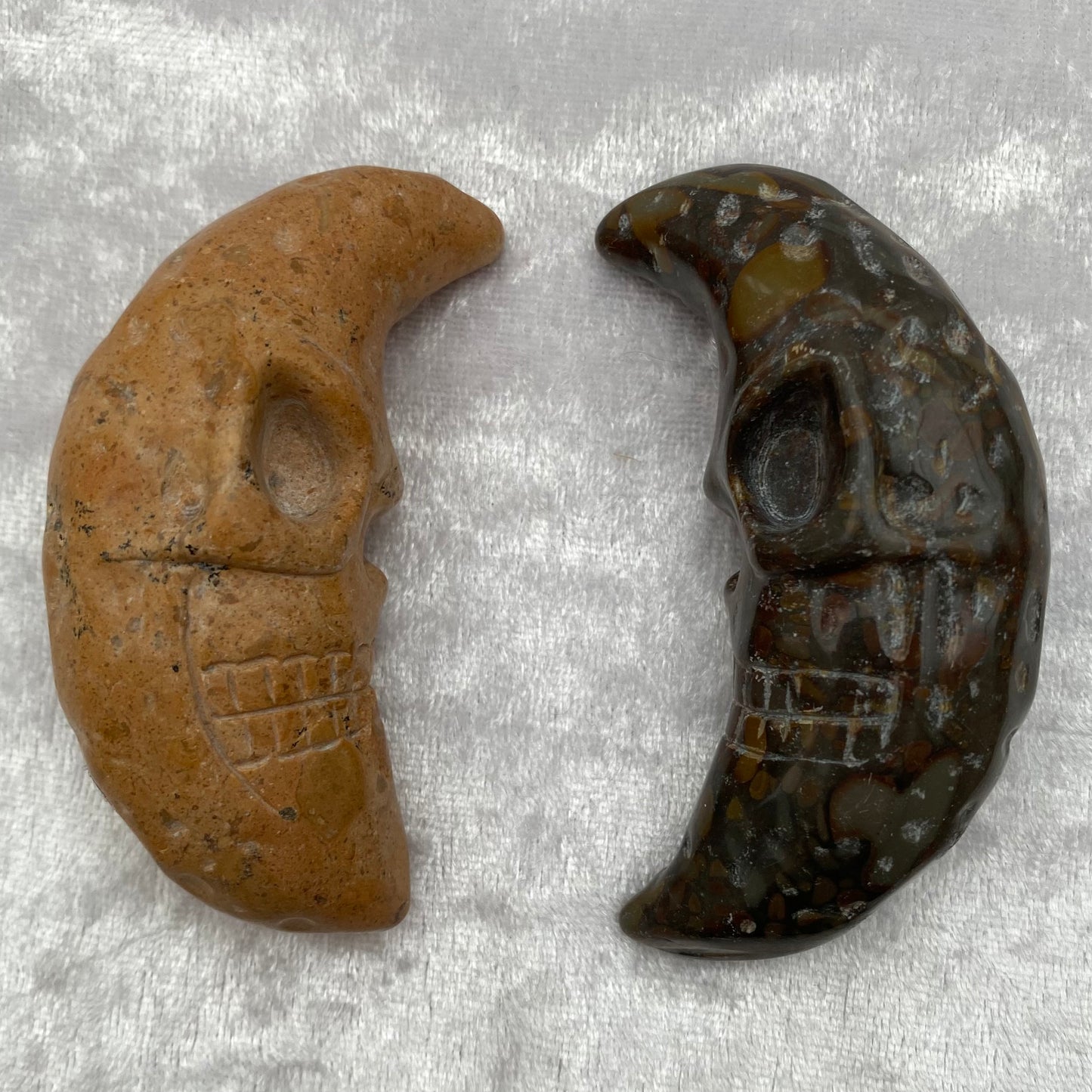 Dendritic Jasper and Bamboo Jasper Moons With Skull Faces