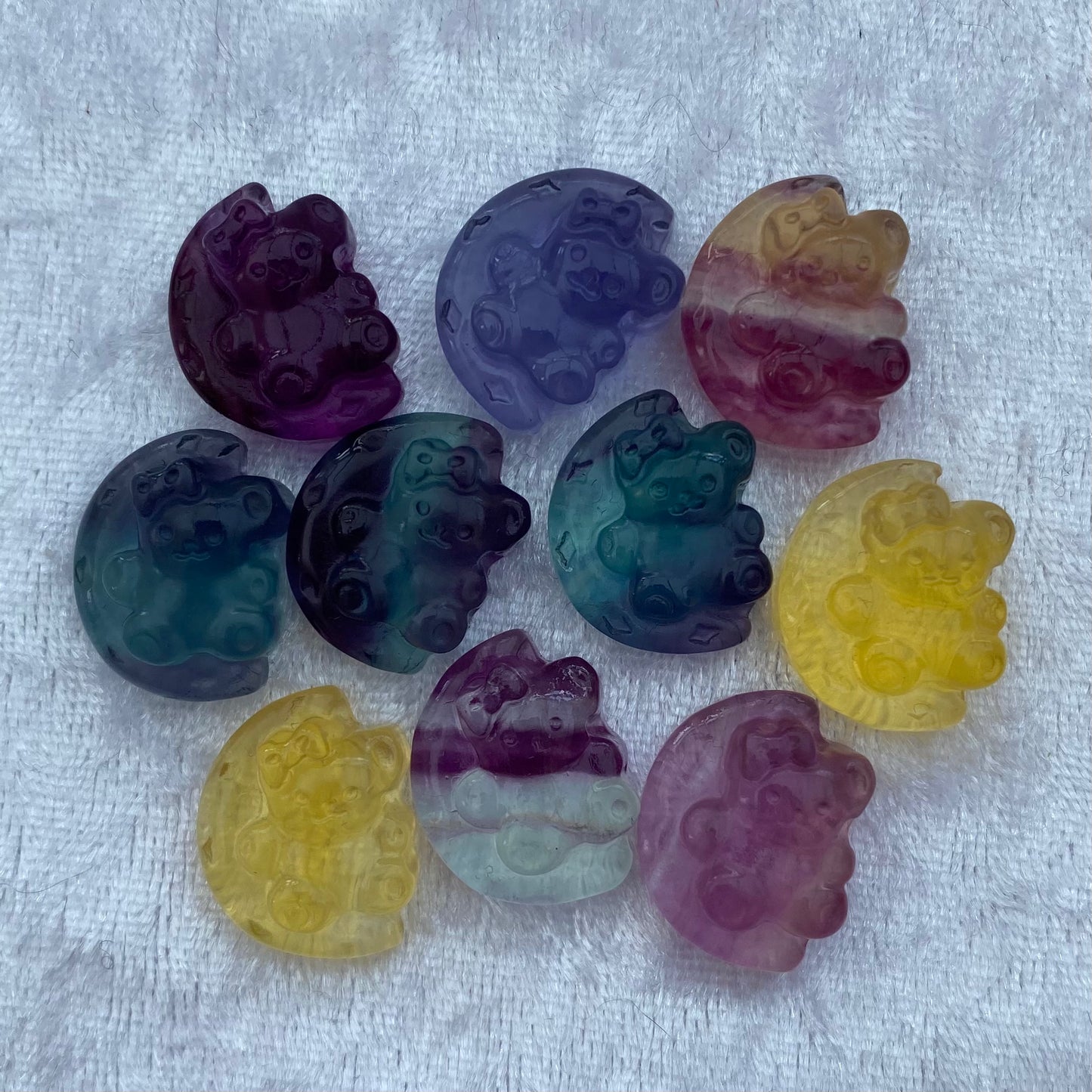 Mini Rainbow Fluorite teddy bears on the moon