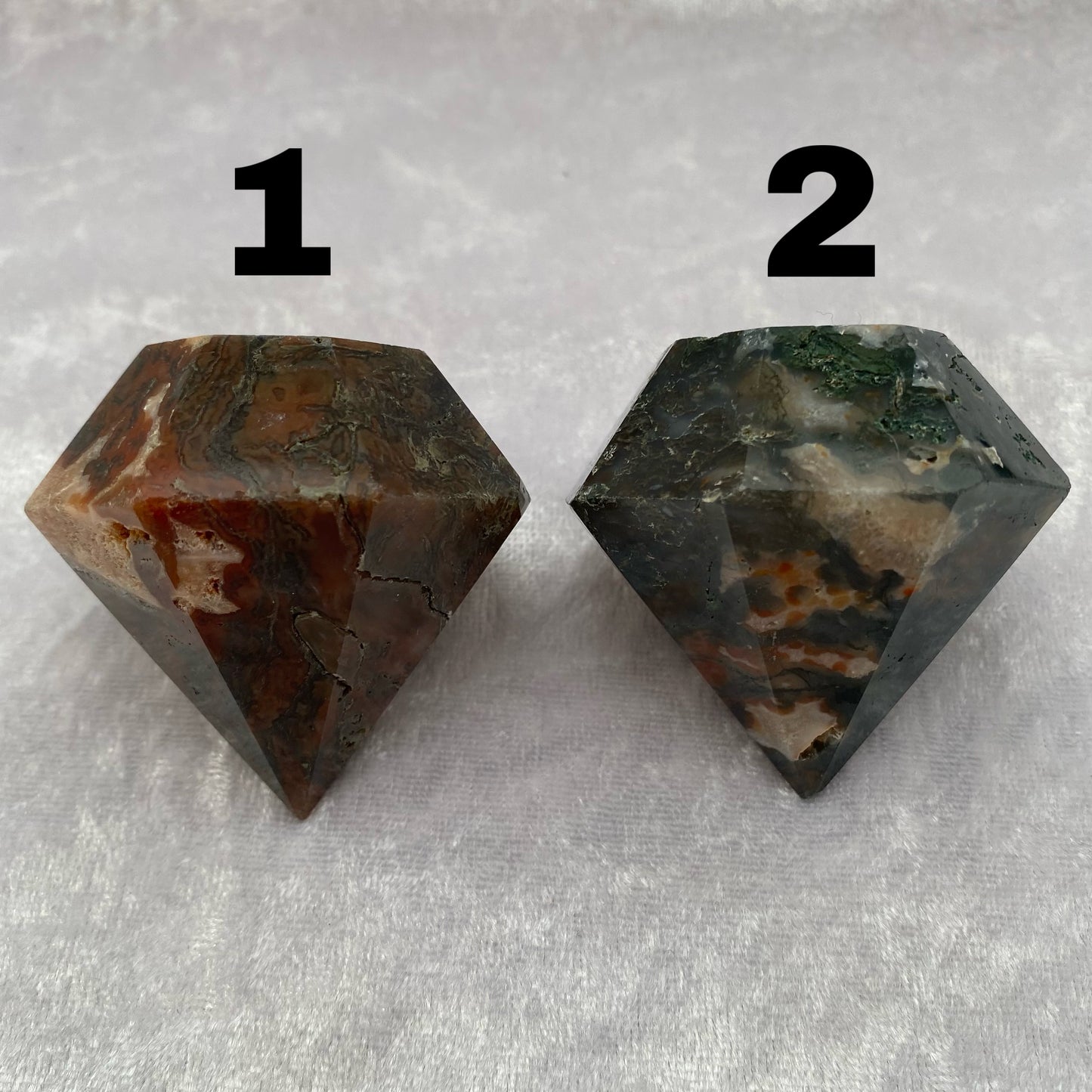 Red Moss Agate and Moss Agate diamond carvings