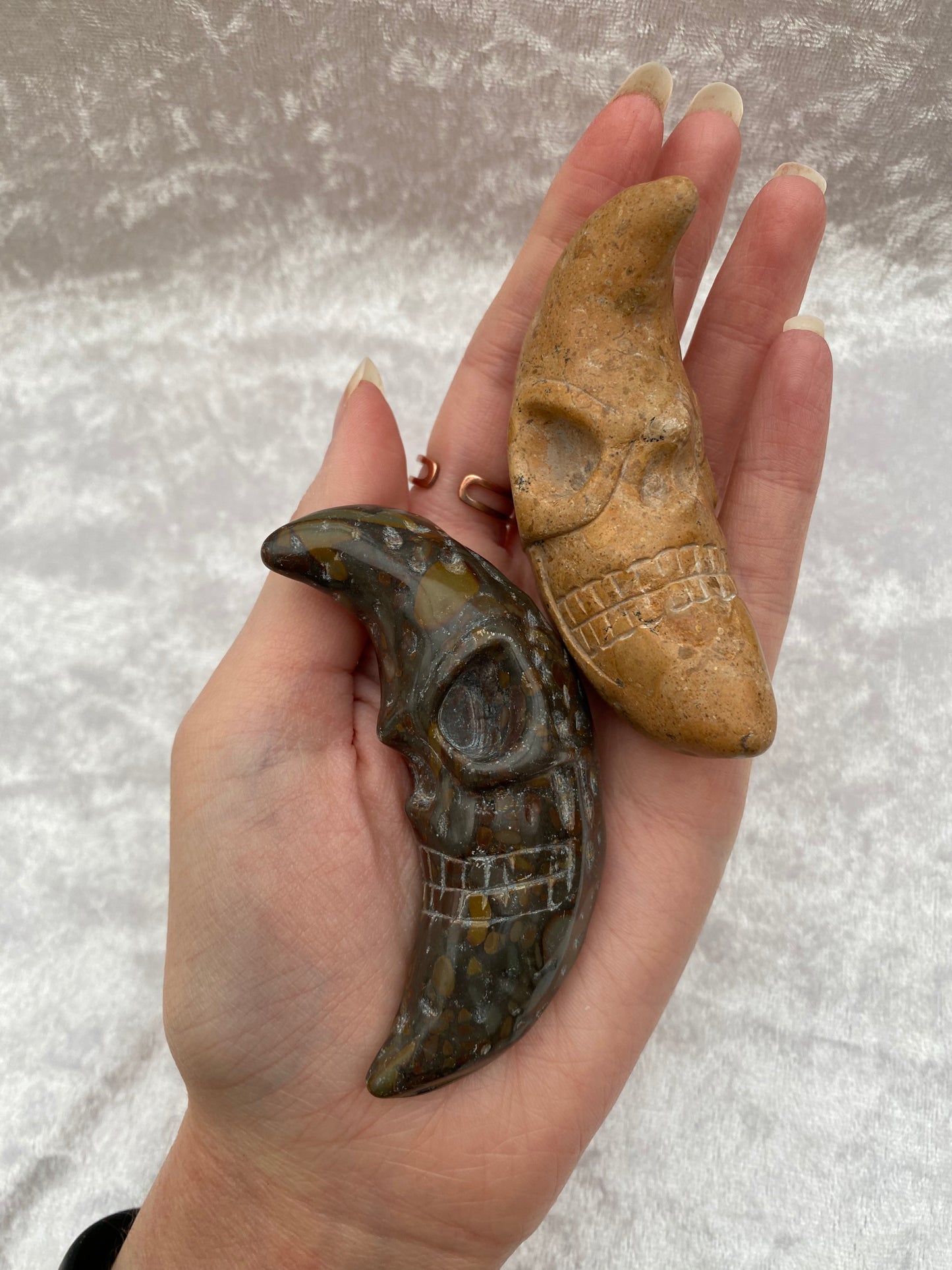 Dendritic Jasper and Bamboo Jasper Moons With Skull Faces