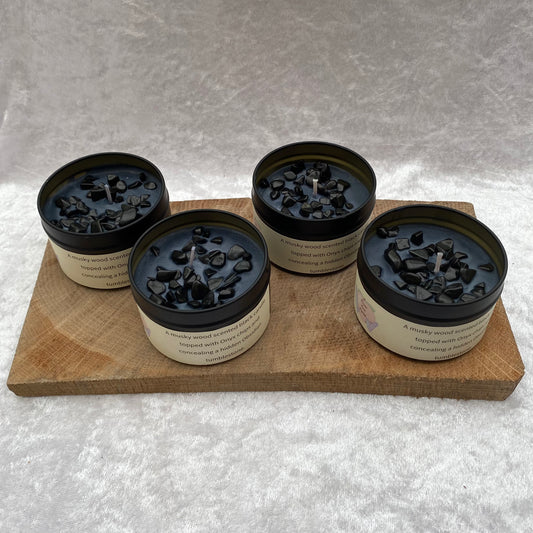 Musky wood scented Onyx and Black Obsidian candles