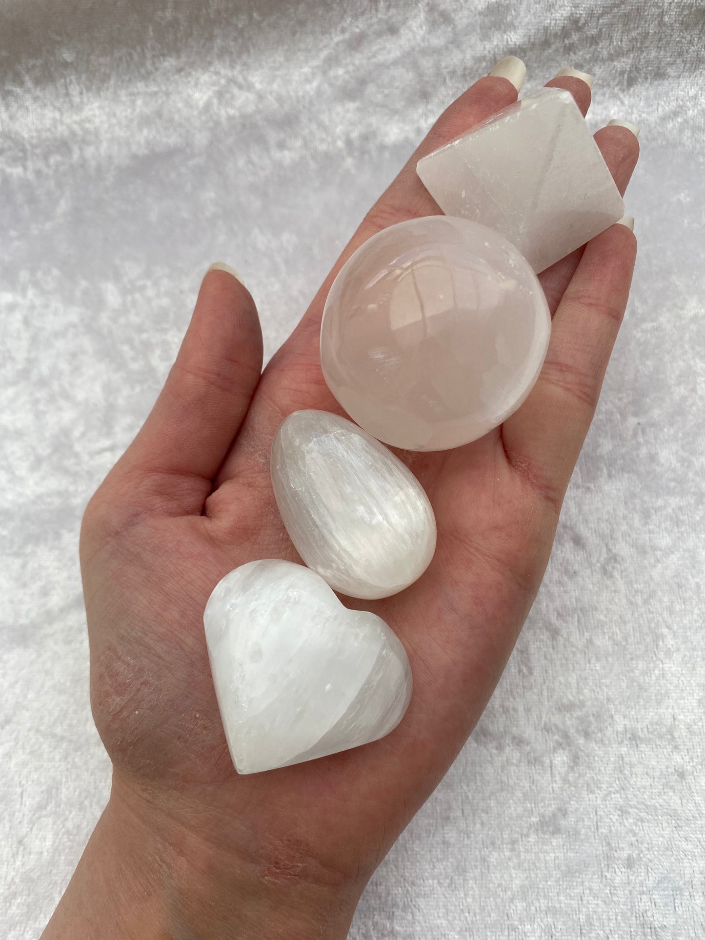Selenite spheres, eggs, pyramids and hearts