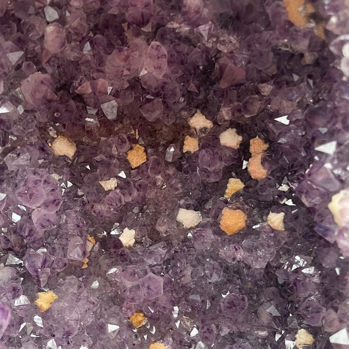 Large 12.1kg Amethyst Cathedral Cluster with Calcite Inclusions on Wooden Base