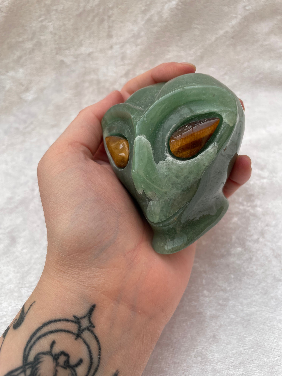 Green Aventurine Alien Skull with Tigers Eye Eyes