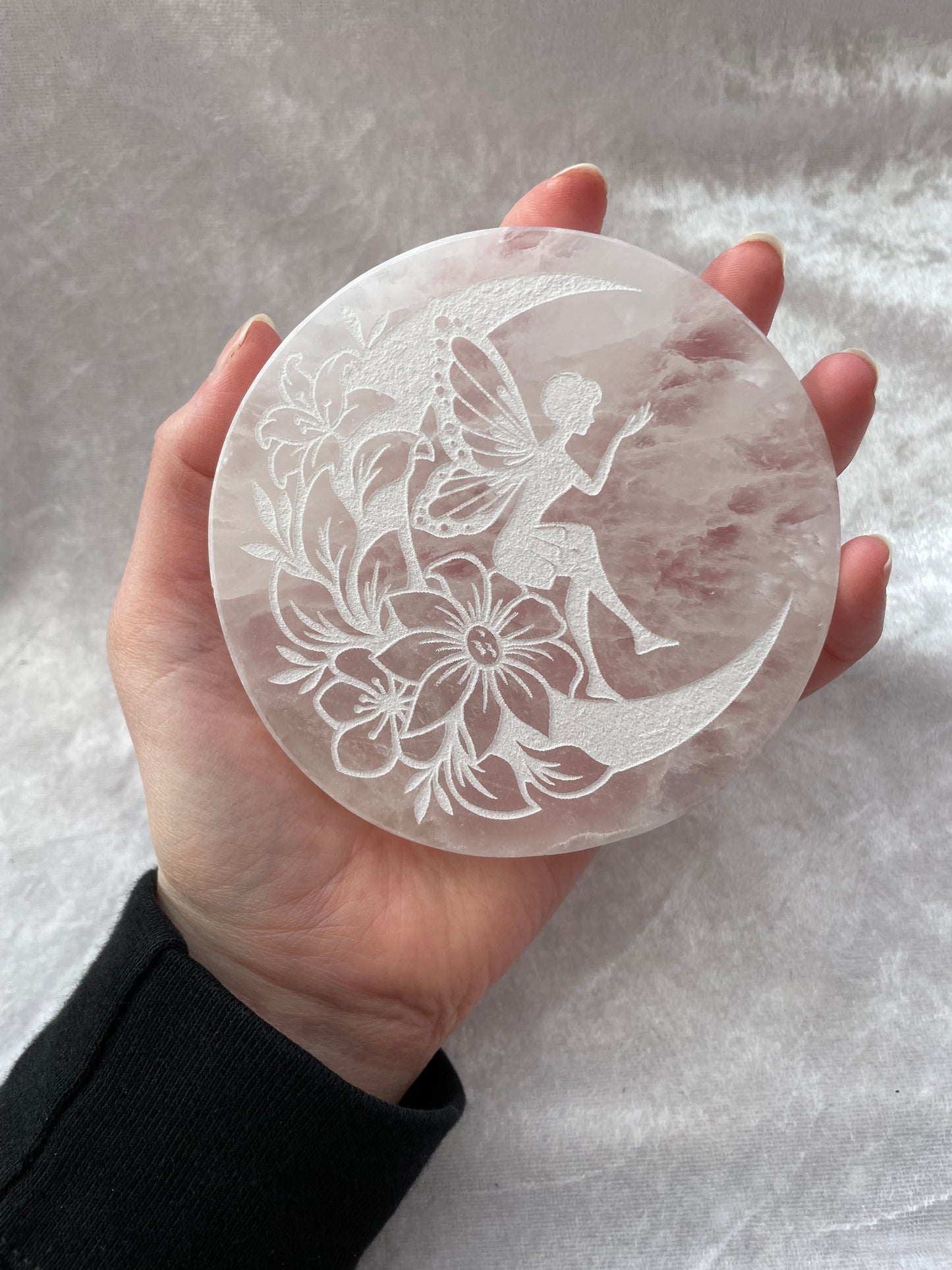 Engraved Selenite fairy charging plate