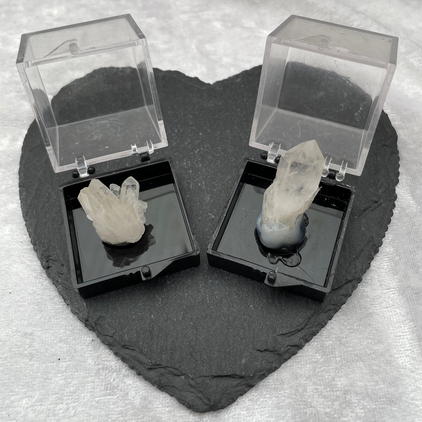 Clear Quartz Point Clusters in Specimen Boxes