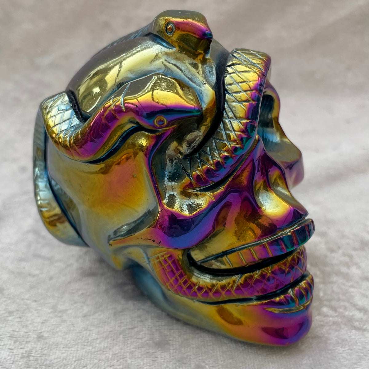 Titanium Aura Obsidian Skull with Snakes