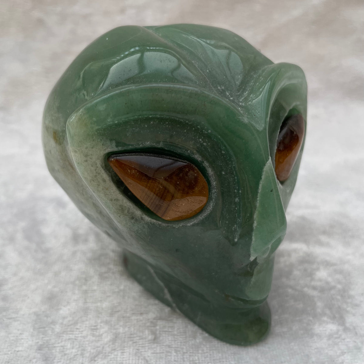 Green Aventurine Alien Skull with Tigers Eye Eyes