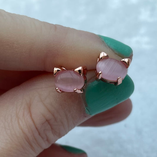 Rose Gold Coloured Pink Cats Eye Cat Earrings