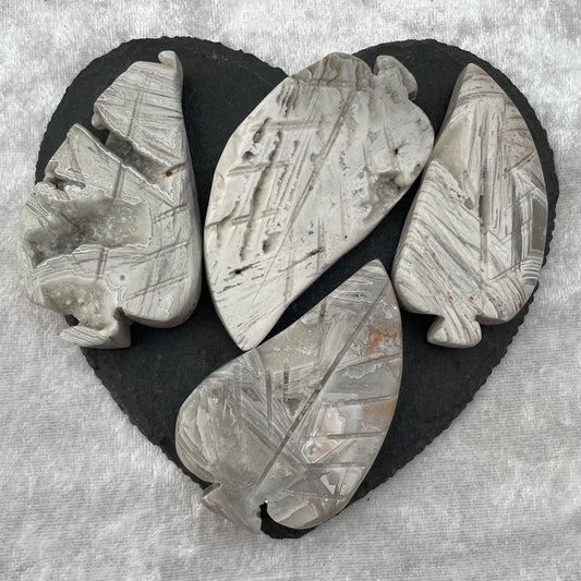 White Crazy Lace Agate Leaf Carvings