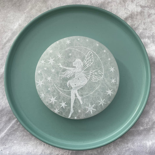 Engraved selenite fairy charging plates