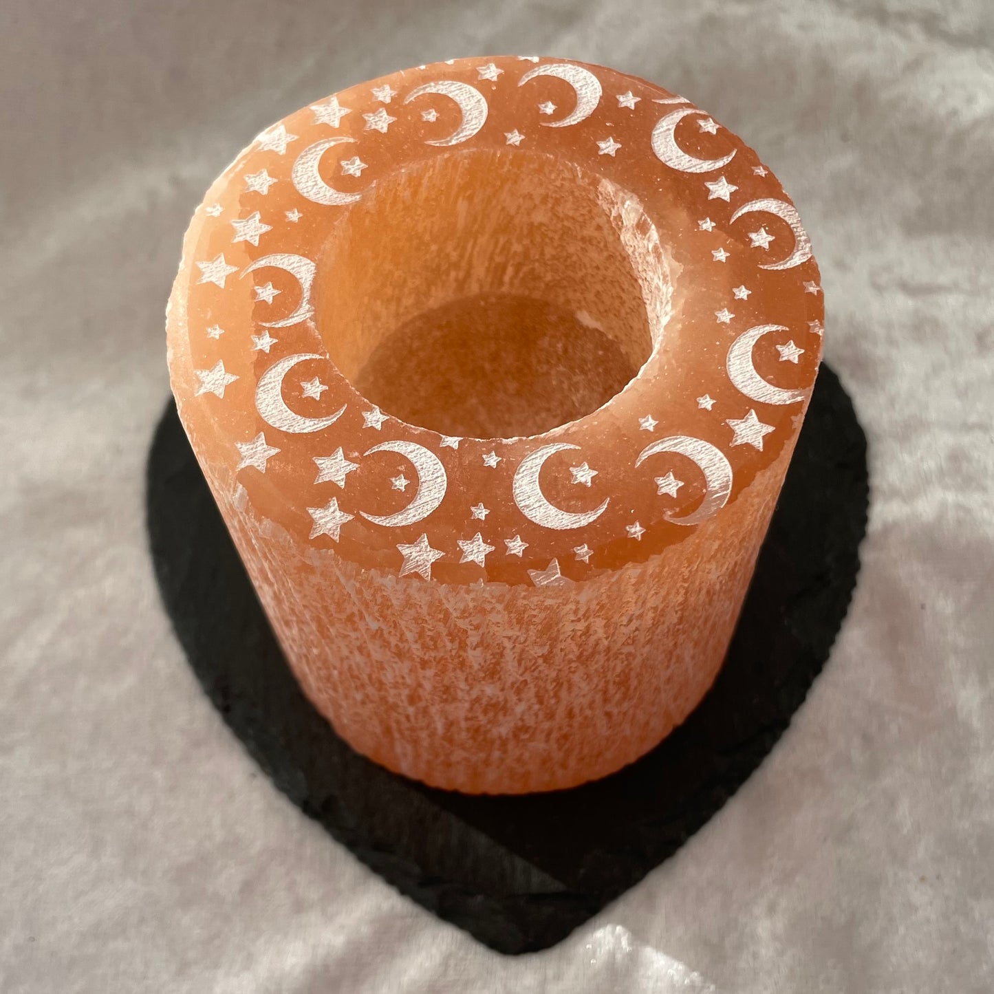 Orange Selenite moon and stars tealight candle holder