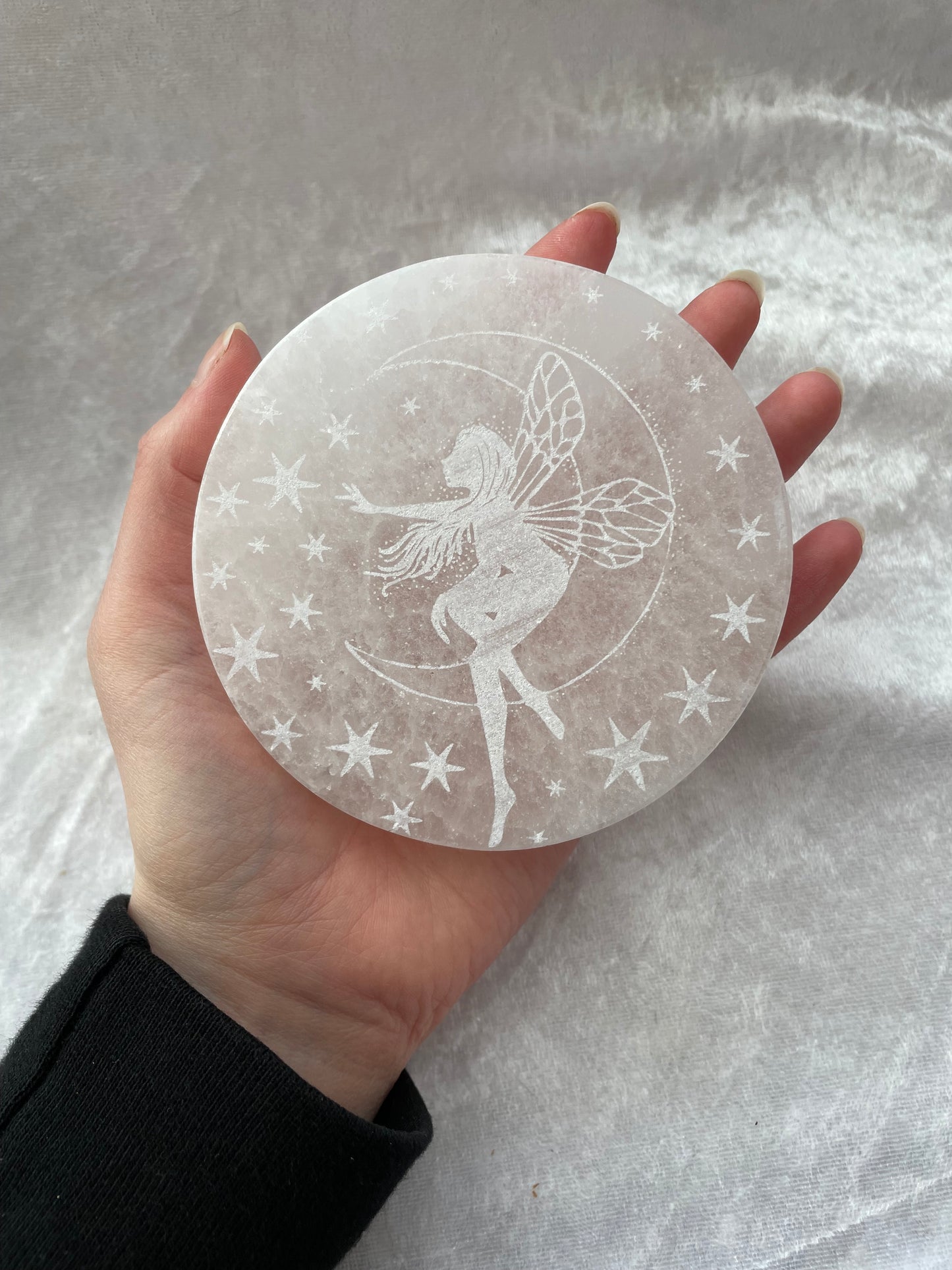 Engraved selenite fairy charging plates