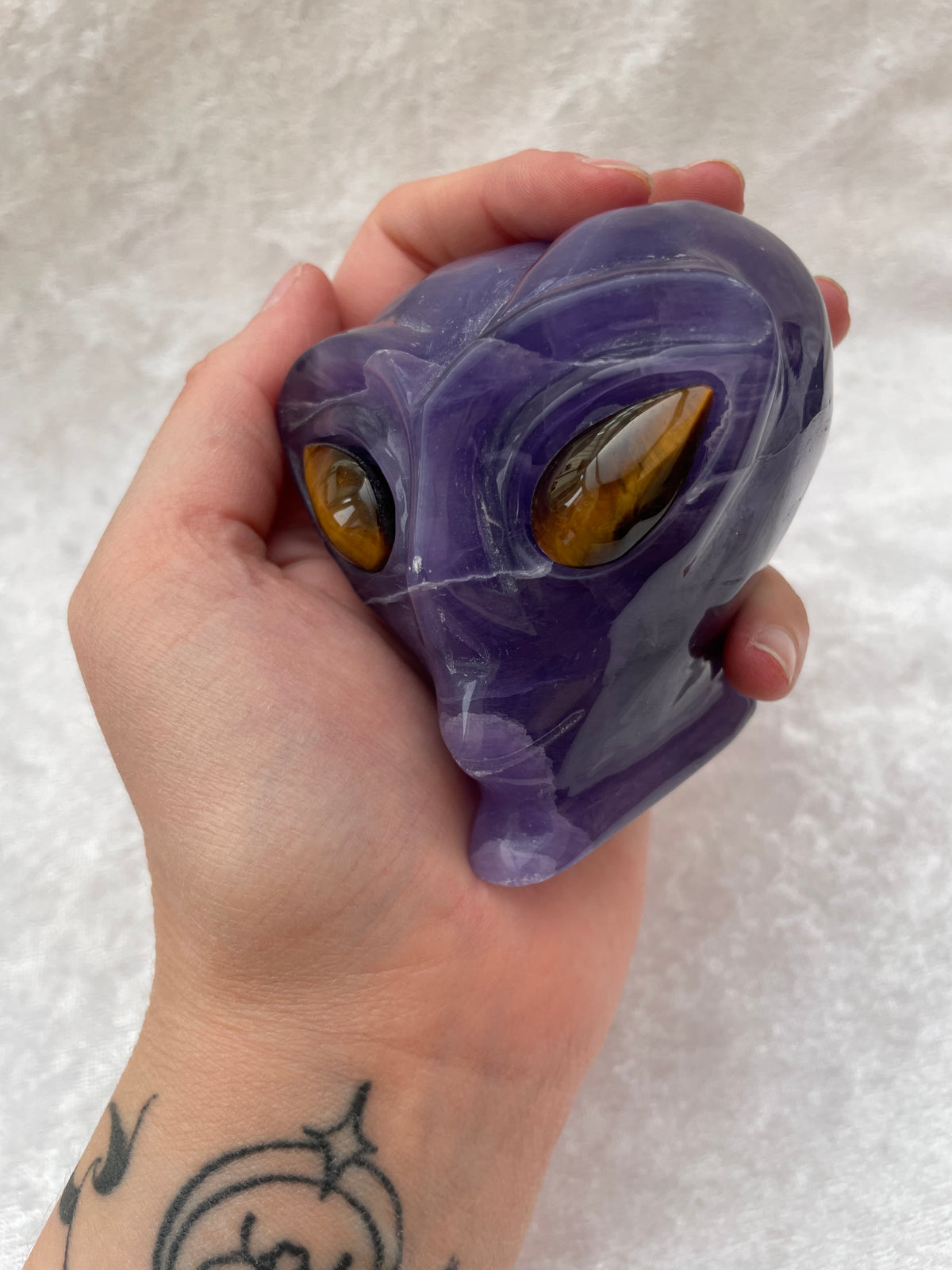 Purple Fluorite Alien Skull with Tigers Eye Eyes