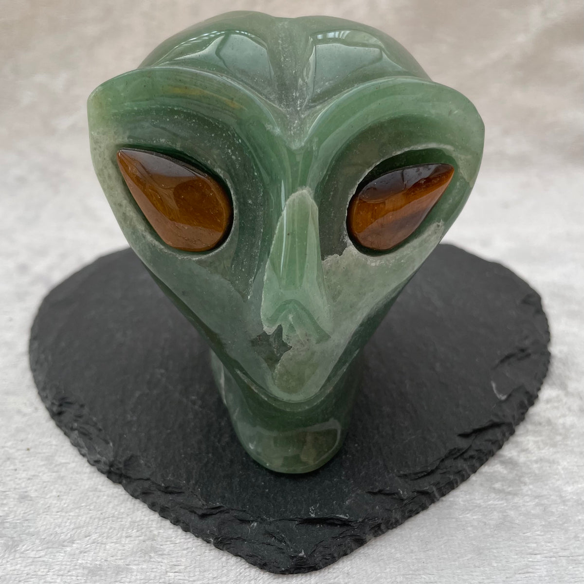 Green Aventurine Alien Skull with Tigers Eye Eyes