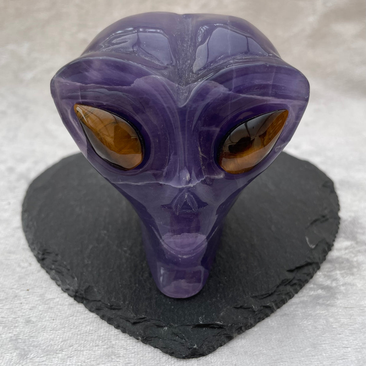 Purple Fluorite Alien Skull with Tigers Eye Eyes