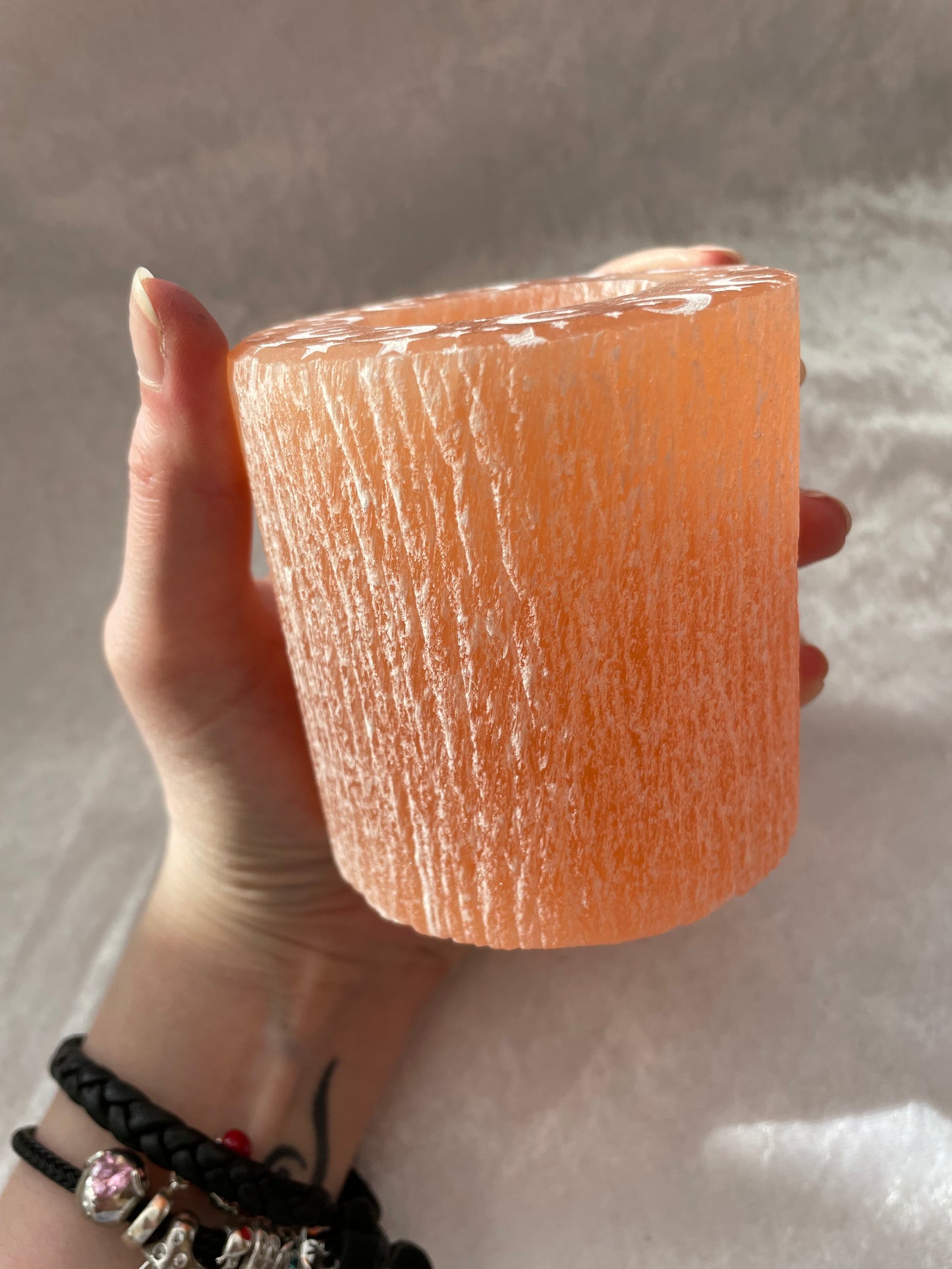 Orange Selenite moon and stars tealight candle holder
