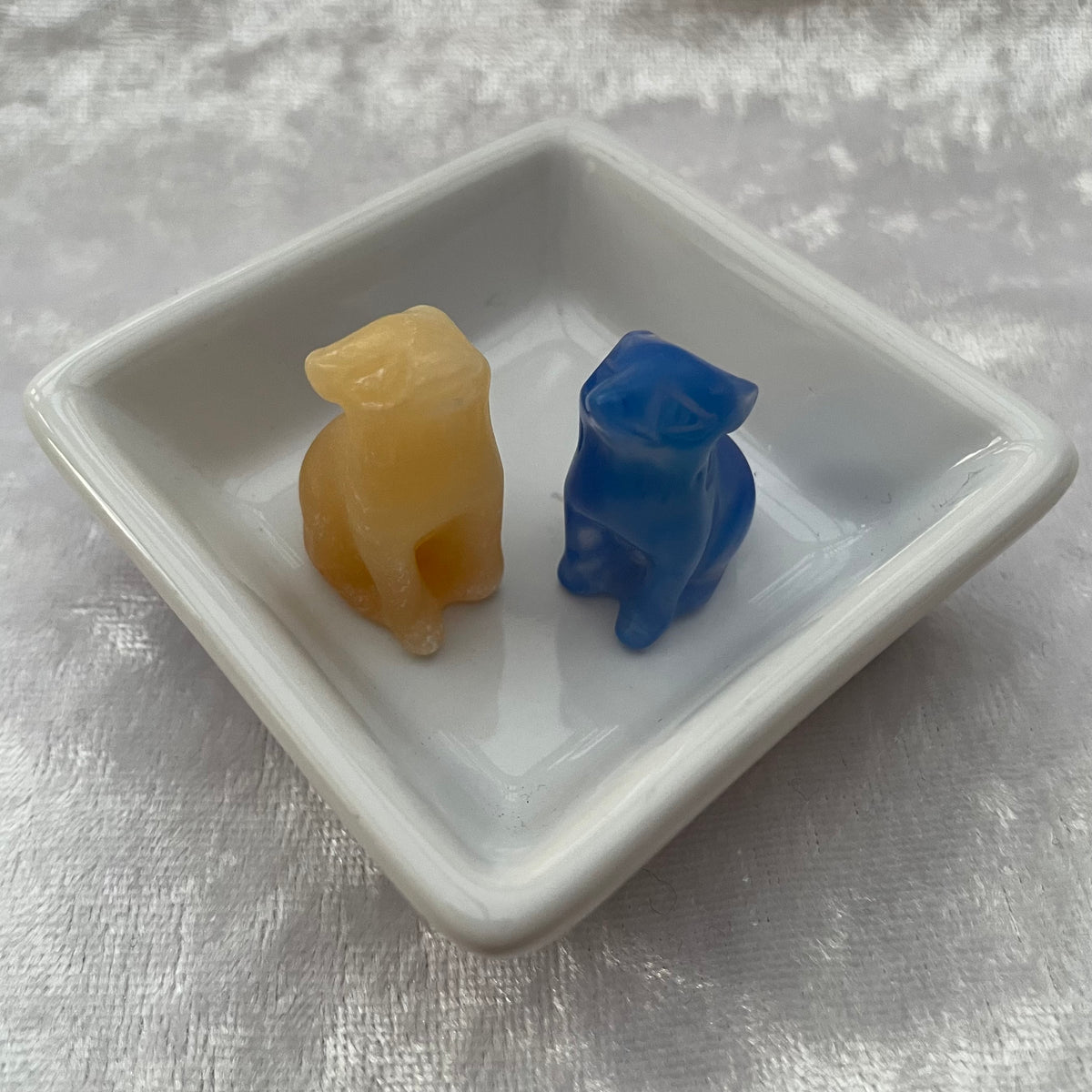 Mini Yellow Calcite and Blue Obsidian Wolf Carvings