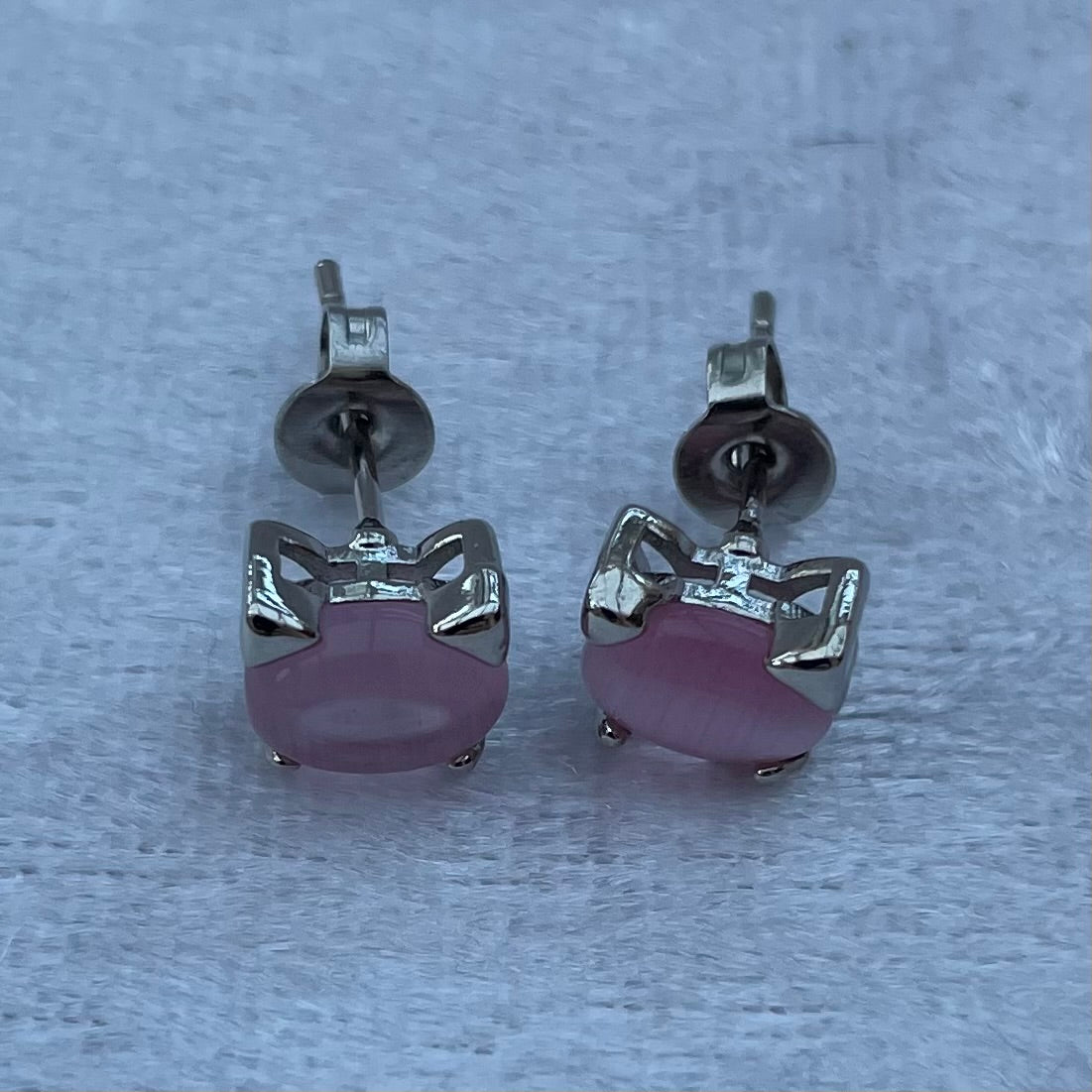 Silver Coloured Pink Cats Eye Cat Earrings