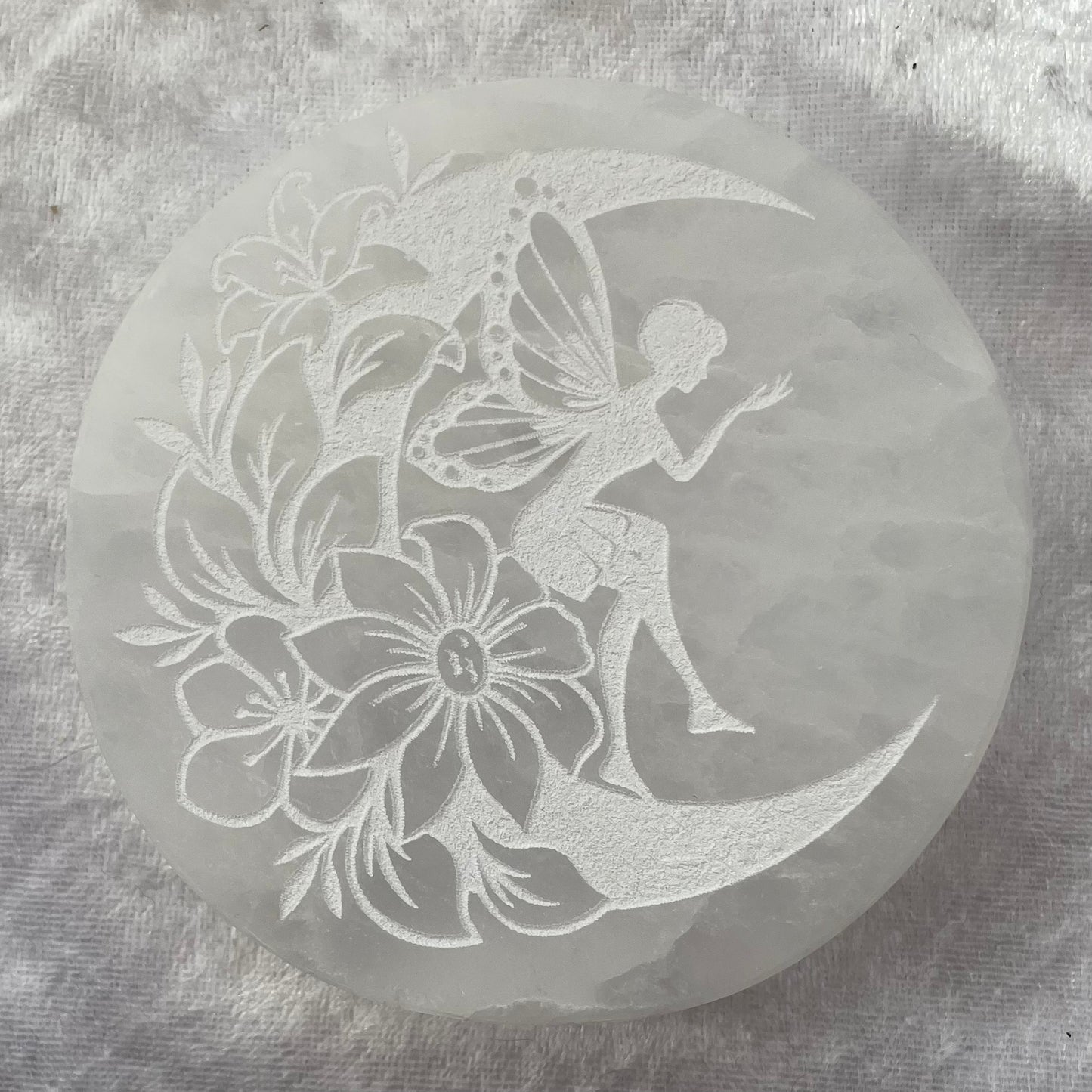 Engraved Selenite fairy charging plate