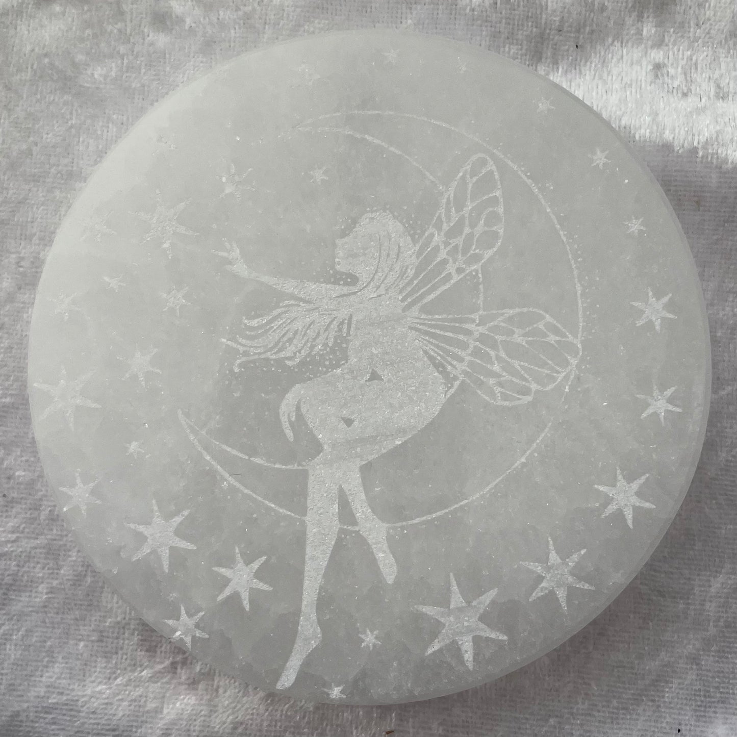 Engraved selenite fairy charging plates