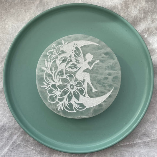 Engraved Selenite fairy charging plate