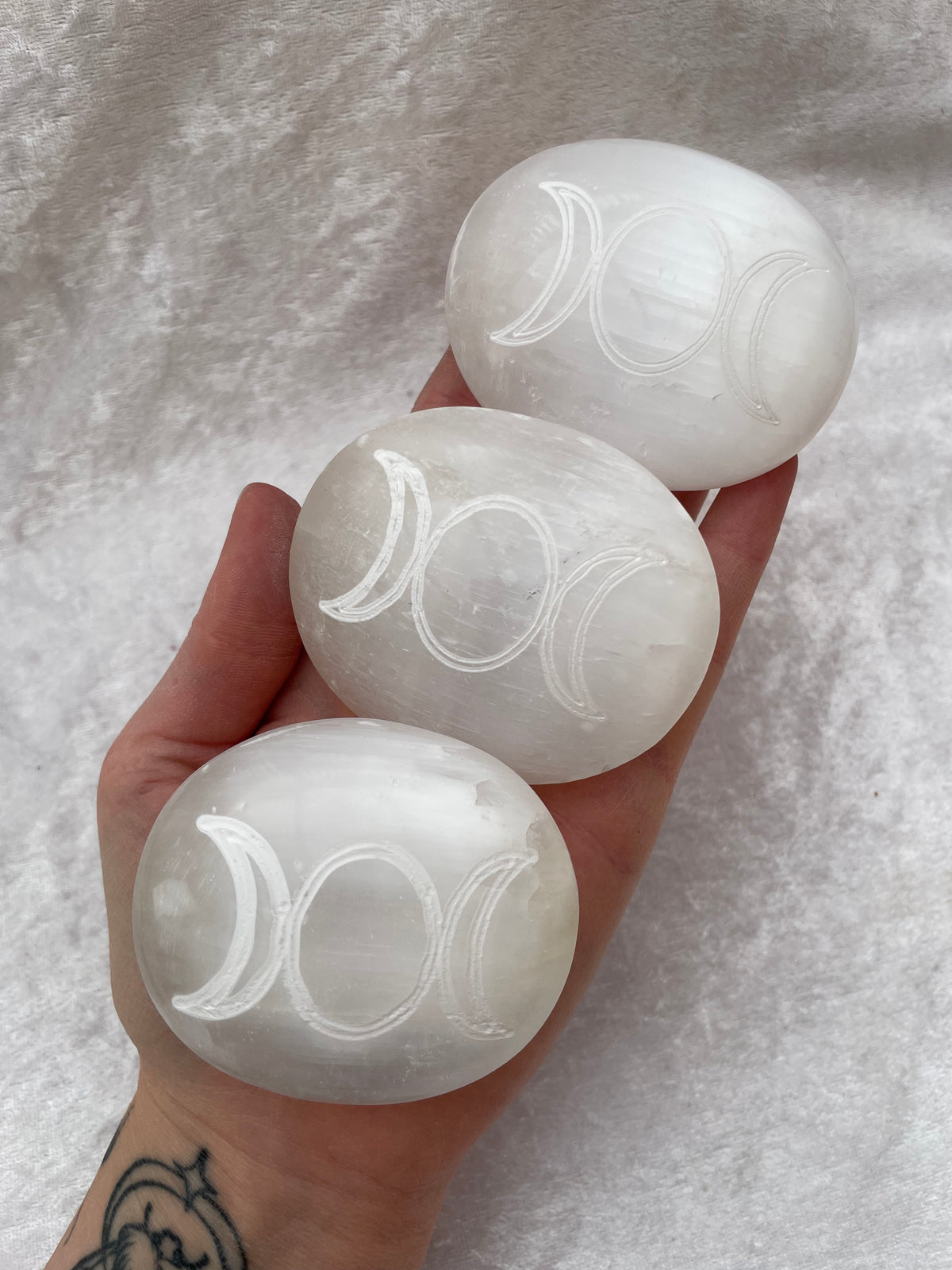 Selenite Triple Moon Engraved Palmstones