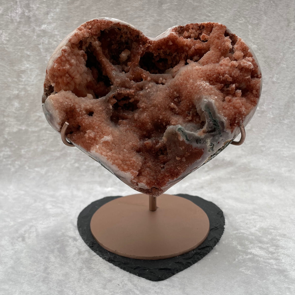 Large Pink Amethyst Druzy Cluster Heart on Gold Display Stand
